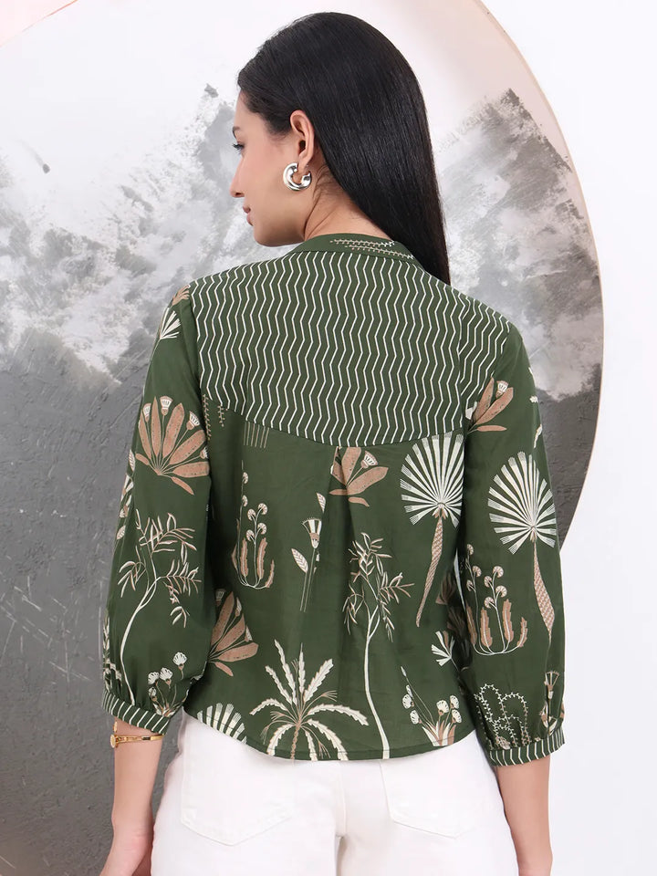 Green Cotton Three Quarter Puffed Sleeves Top