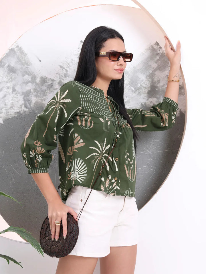 Green Cotton Three Quarter Puffed Sleeves Top