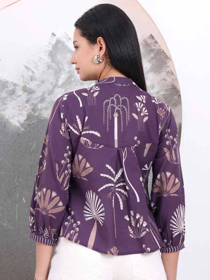 Purple Cotton Three Quarter Puffed Sleeves Top