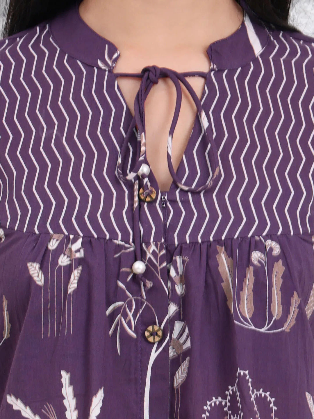 Purple Cotton Three Quarter Puffed Sleeves Top