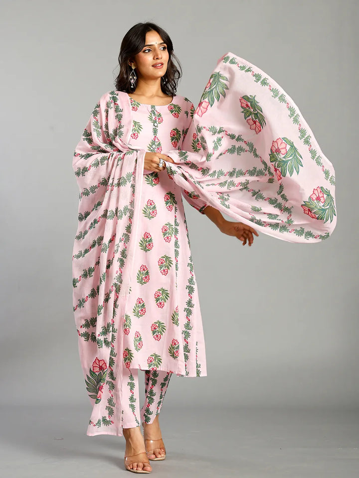 Pink Block Print Handcrafted Cotton Flared Kurta Set