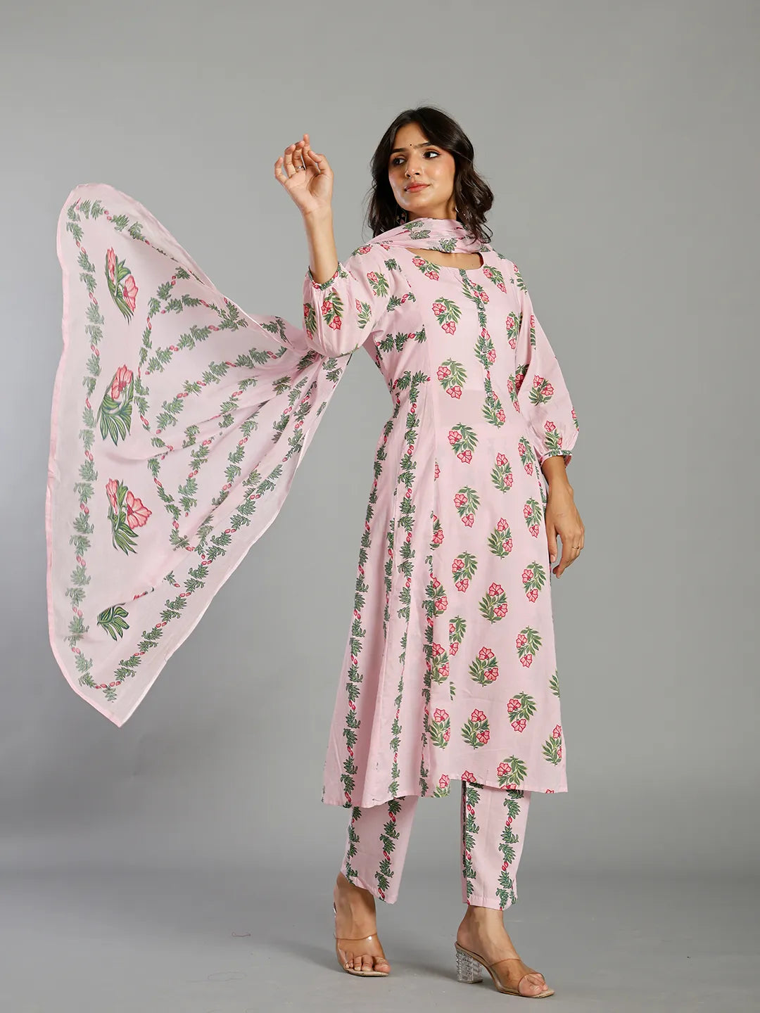 Pink Block Print Handcrafted Cotton Flared Kurta Set