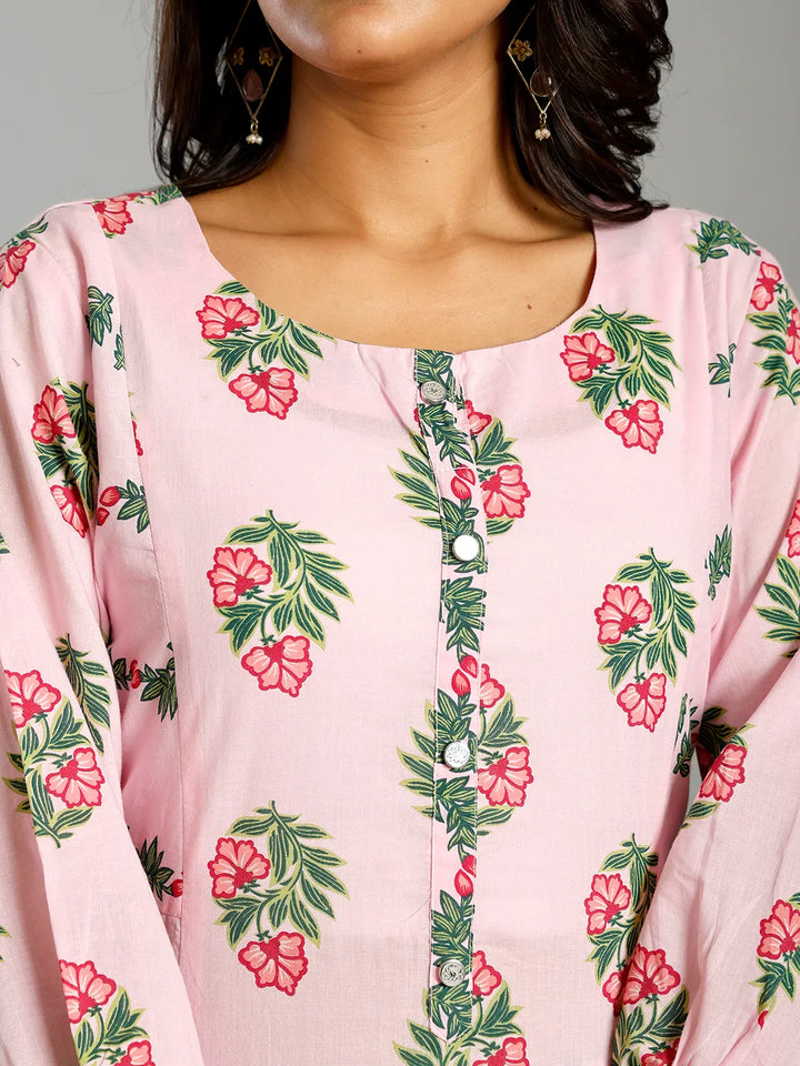 Pink Block Print Handcrafted Cotton Flared Kurta Set