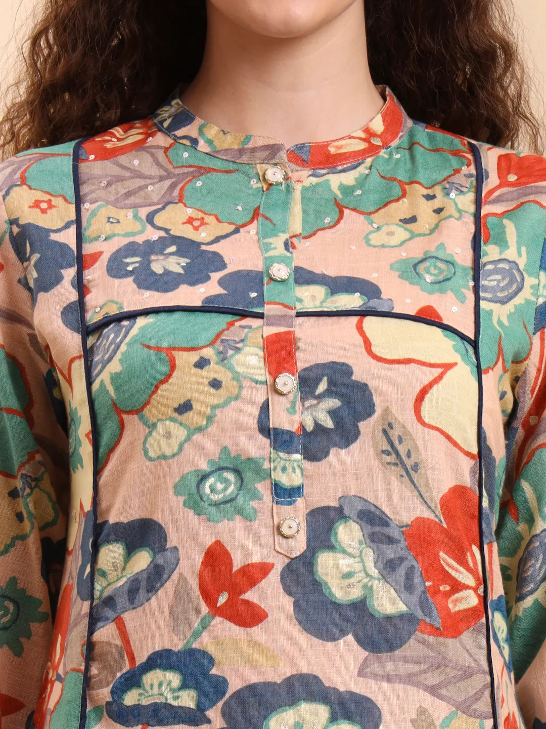 Peach Floral Print A-Line Kurta Trouser Set