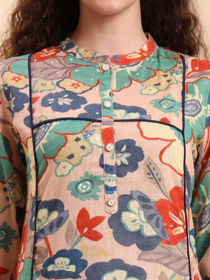 Peach Floral Print A-Line Kurta Trouser Set