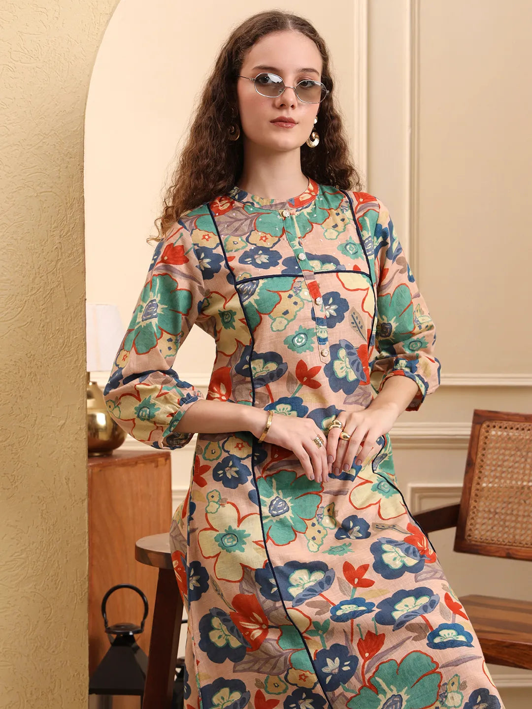 Peach Floral Print A-Line Kurta Trouser Set