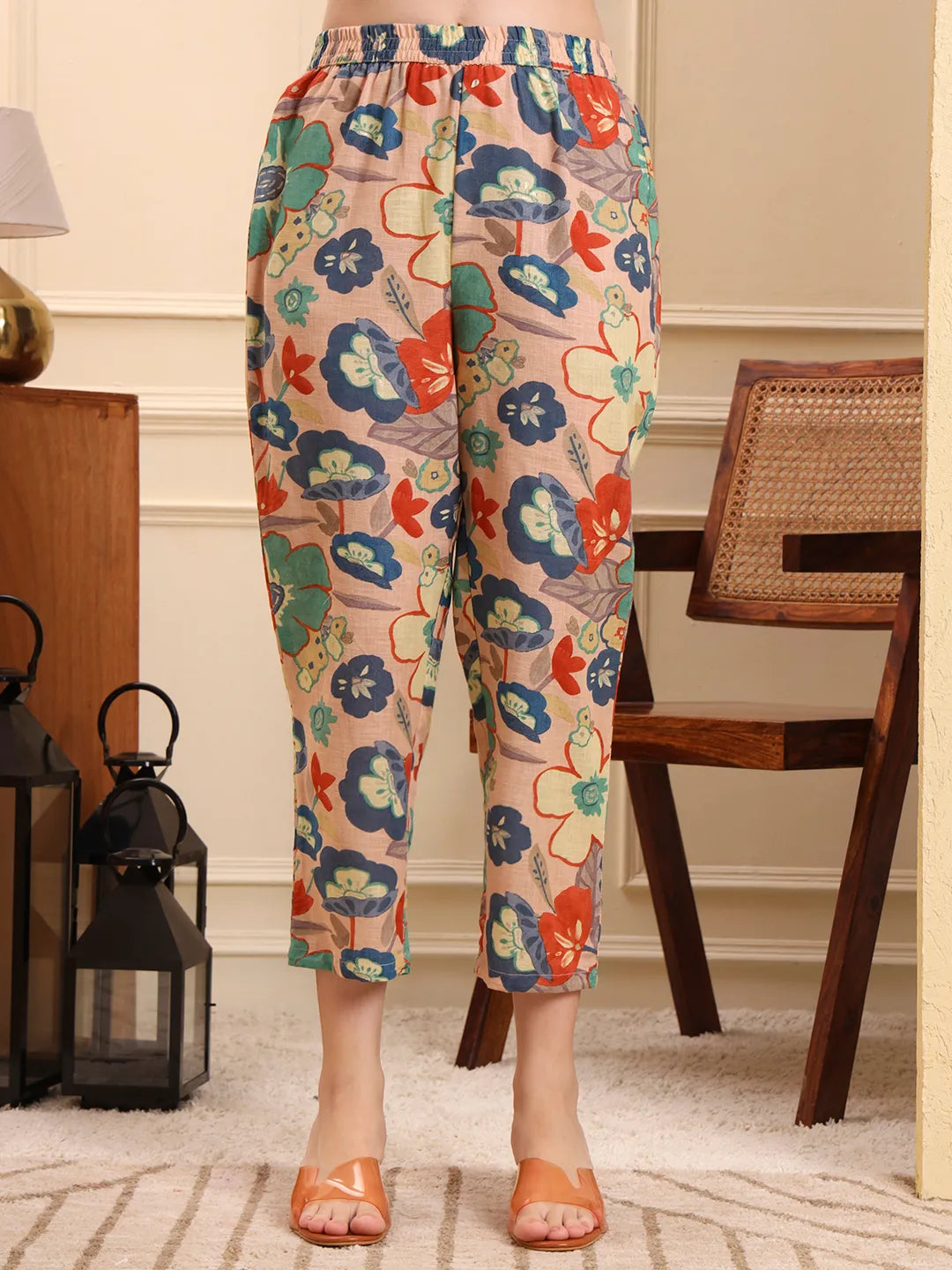 Peach Floral Print A-Line Kurta Trouser Set