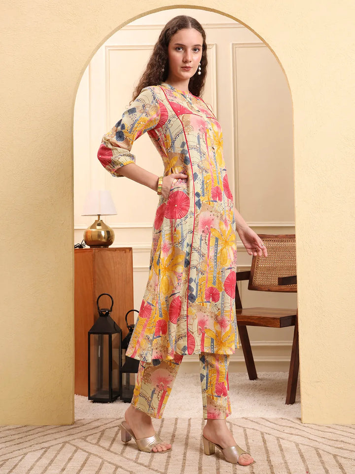 Yellow Floral Print A-Line Kurta Trouser Set