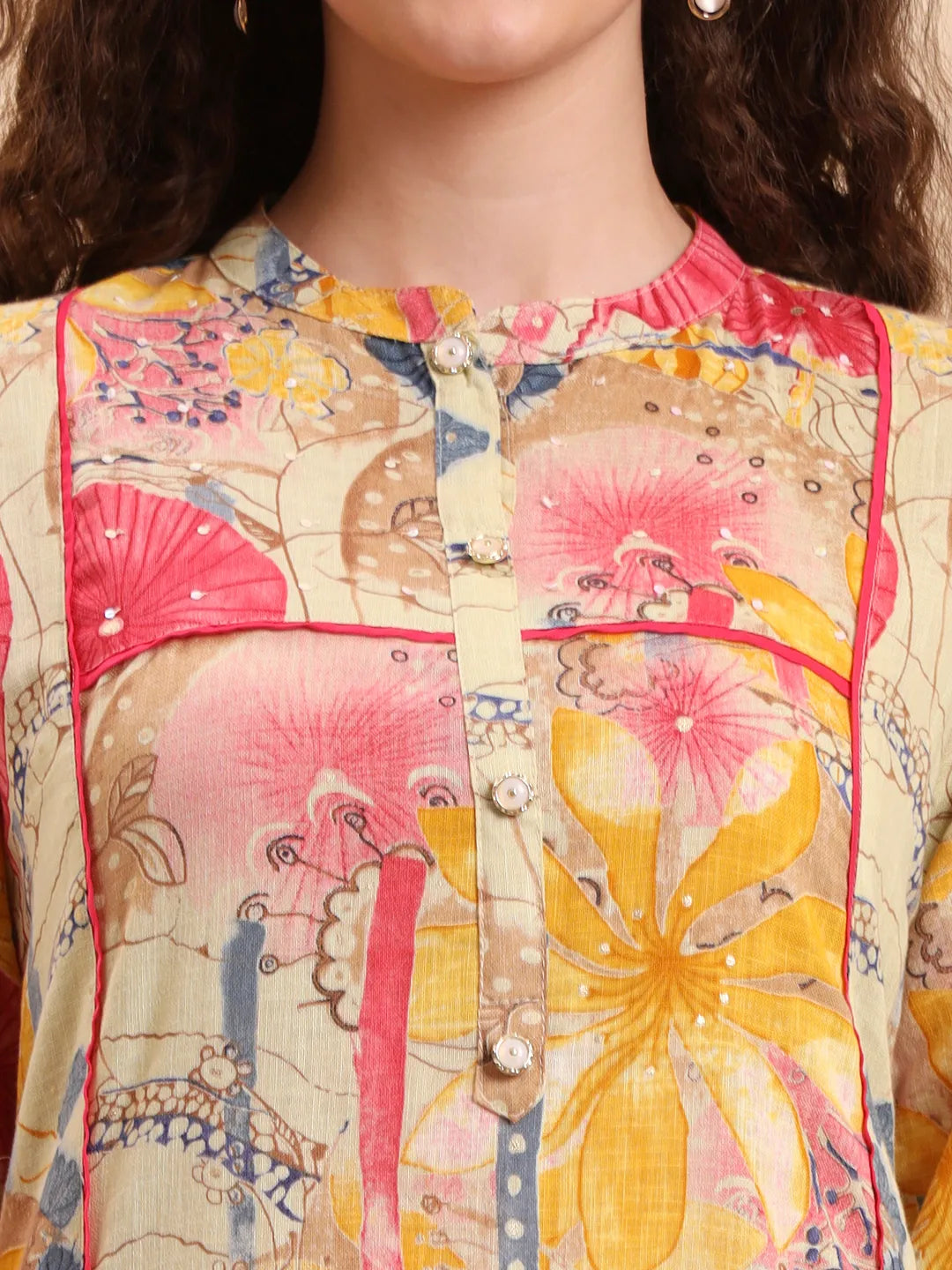 Yellow Floral Print A-Line Kurta Trouser Set