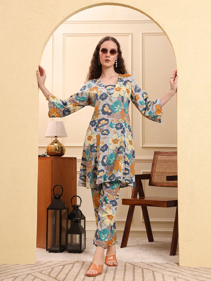 Blue Floral Print A-Line Kurta Trouser Set