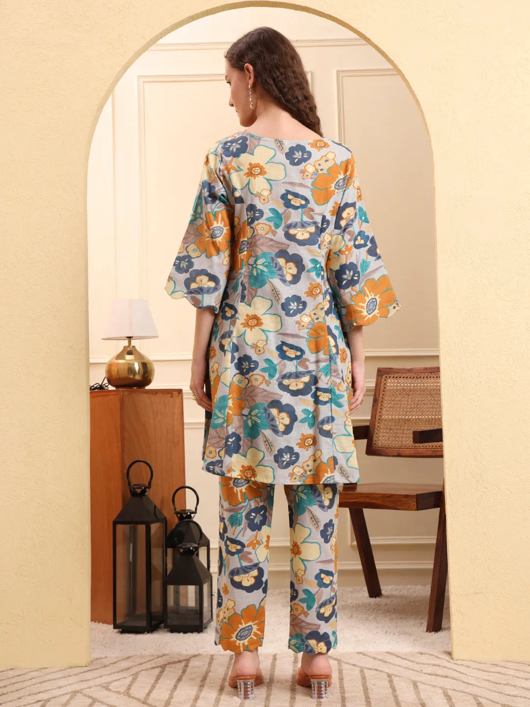 Blue Floral Print A-Line Kurta Trouser Set
