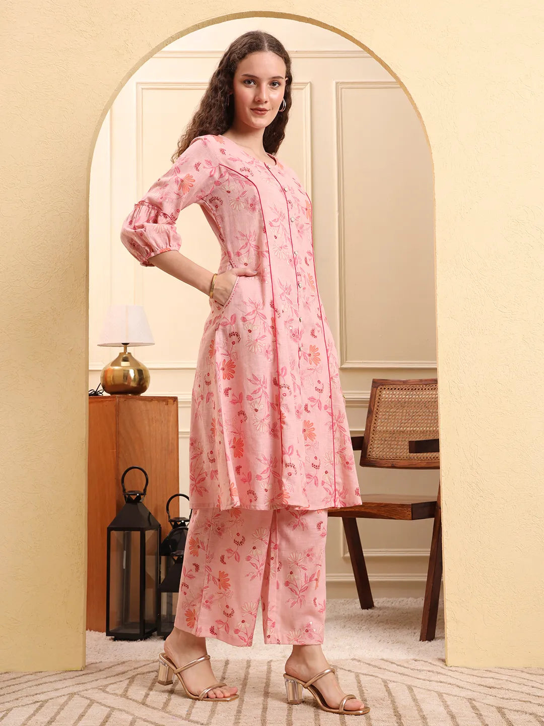 Pink Floral Print A-Line Kurta Trouser Set Kurta Design Show Botton And Piping