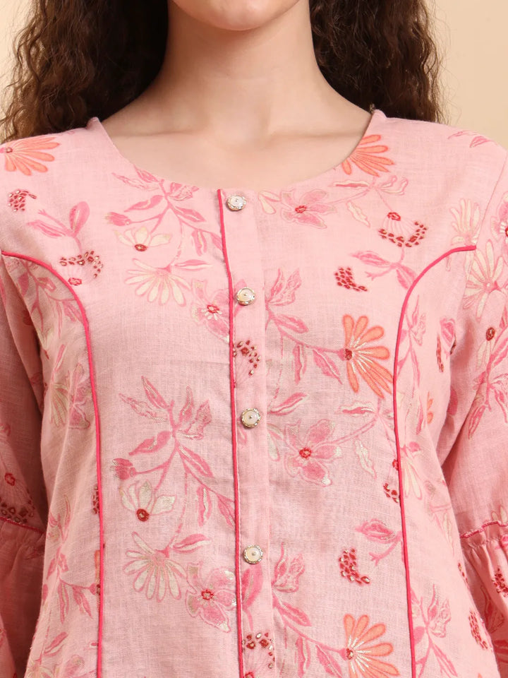Pink Floral Print A-Line Kurta Trouser Set Kurta Design Show Botton And Piping
