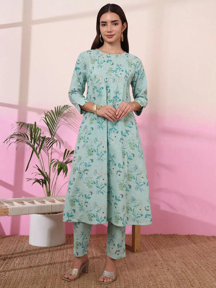 Sea Green Linen A Line Pintucks Kurta Pant