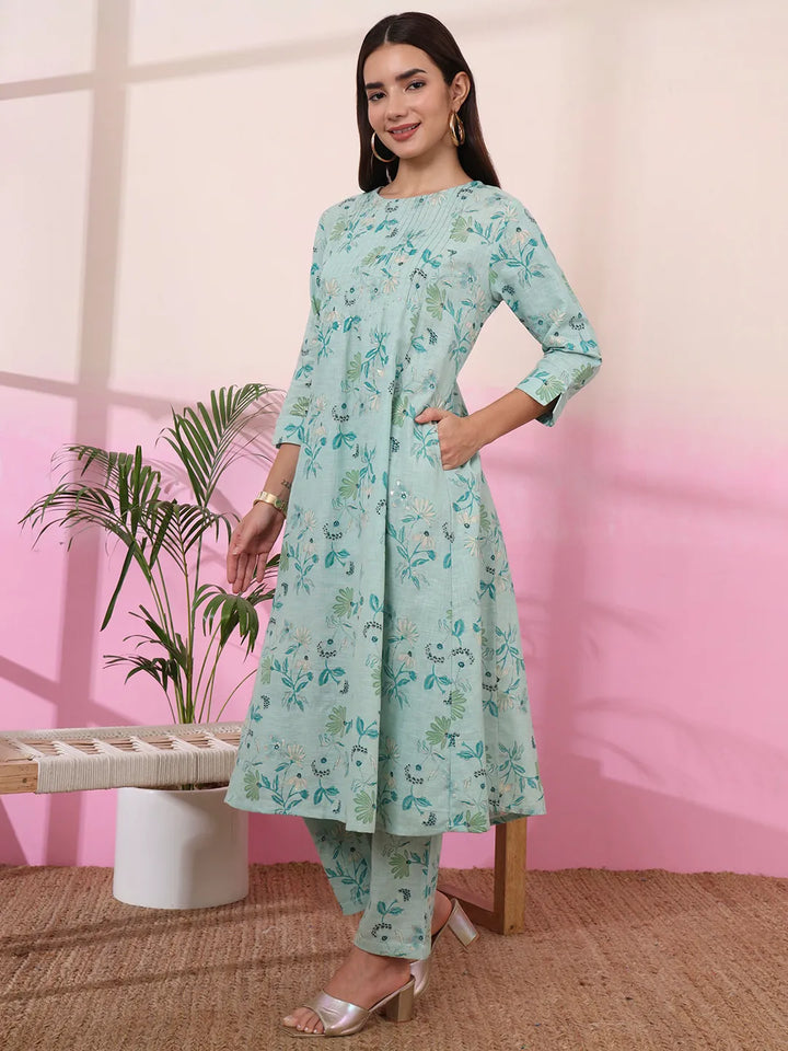 Sea Green Linen A Line Pintucks Kurta Pant