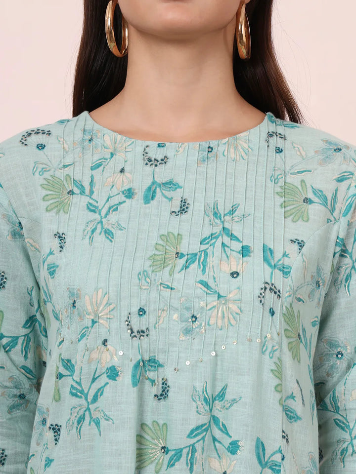 Sea Green Linen A Line Pintucks Kurta Pant