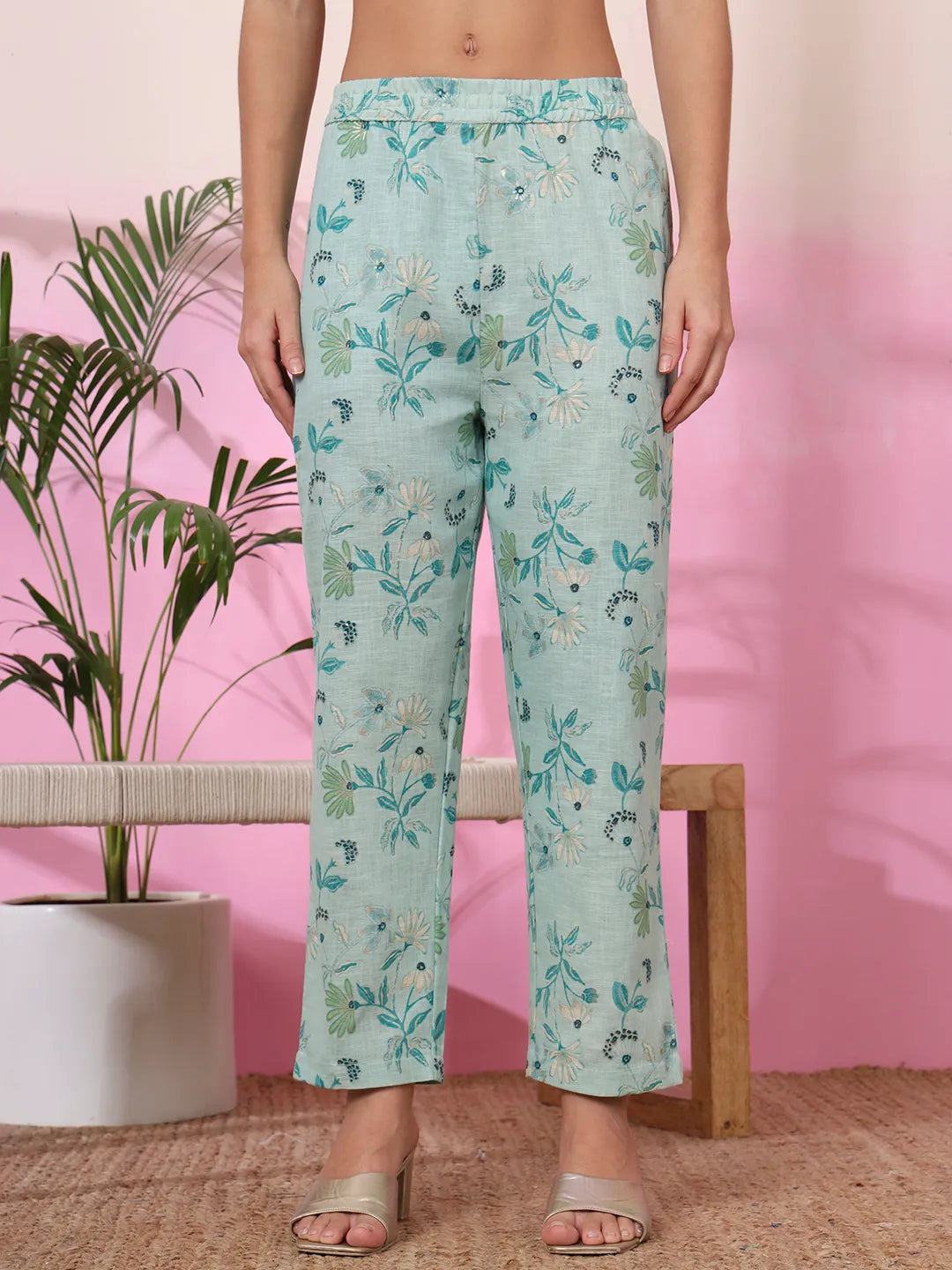 Sea Green Linen A Line Pintucks Kurta Pant