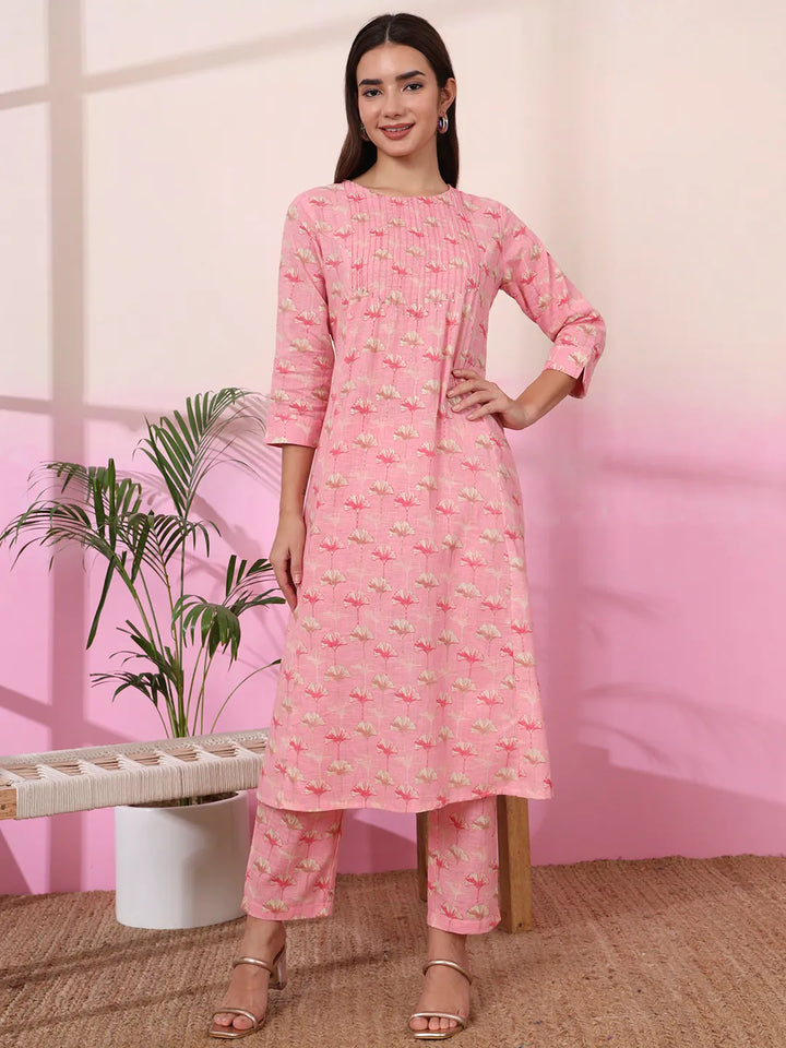 Pink Linen A Line Pintucks Kurta Pant