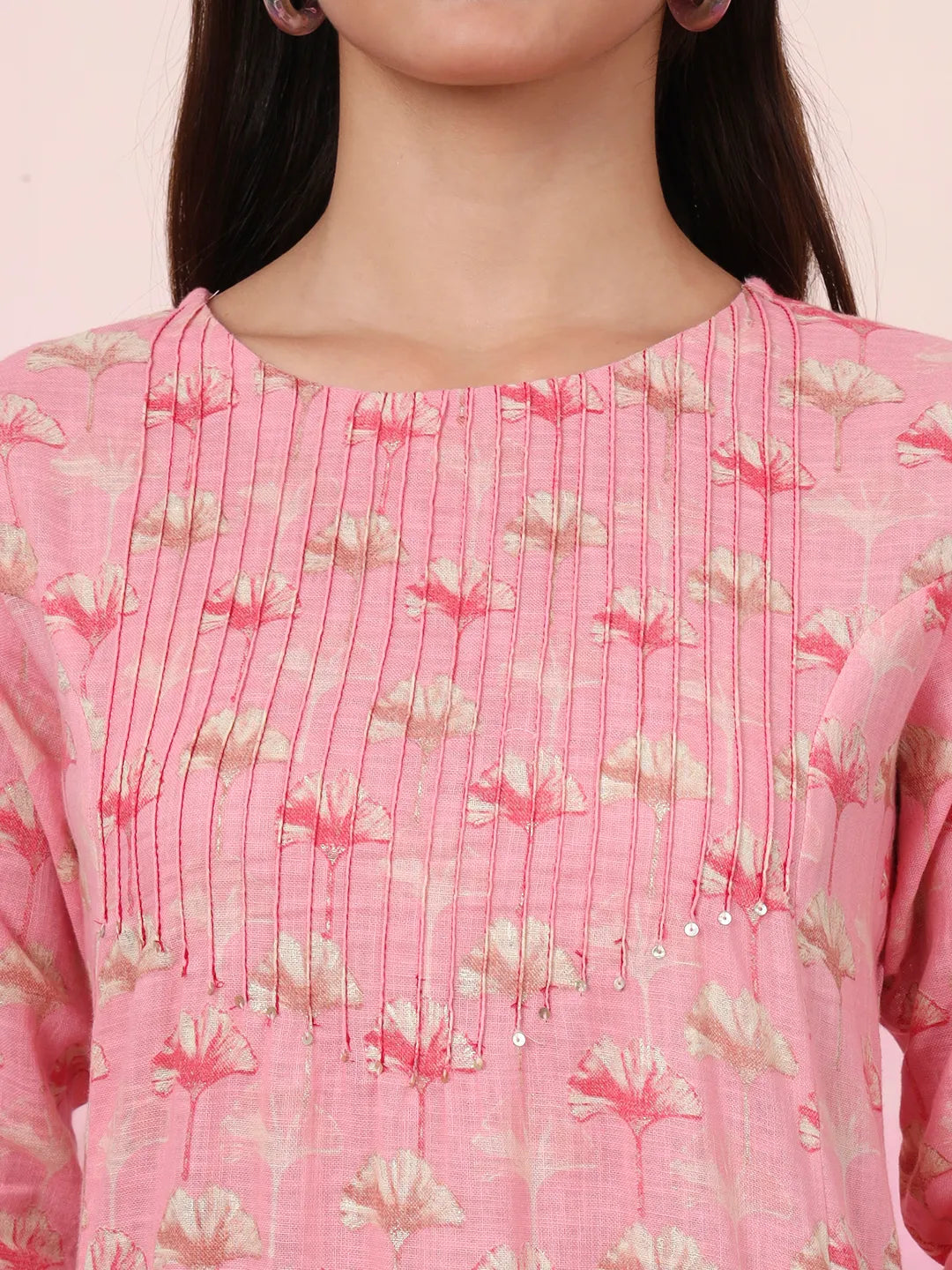 Pink Linen A Line Pintucks Kurta Pant