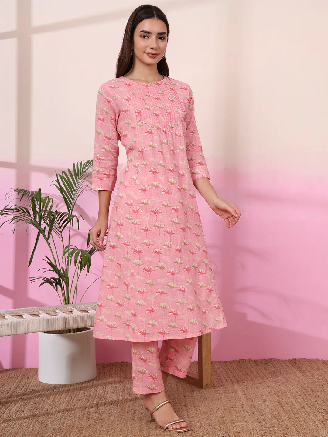 Pink Linen A Line Pintucks Kurta Pant