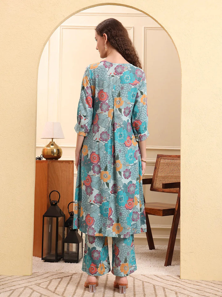 Sea Green Floral Print A-Line Kurta Trouser Set