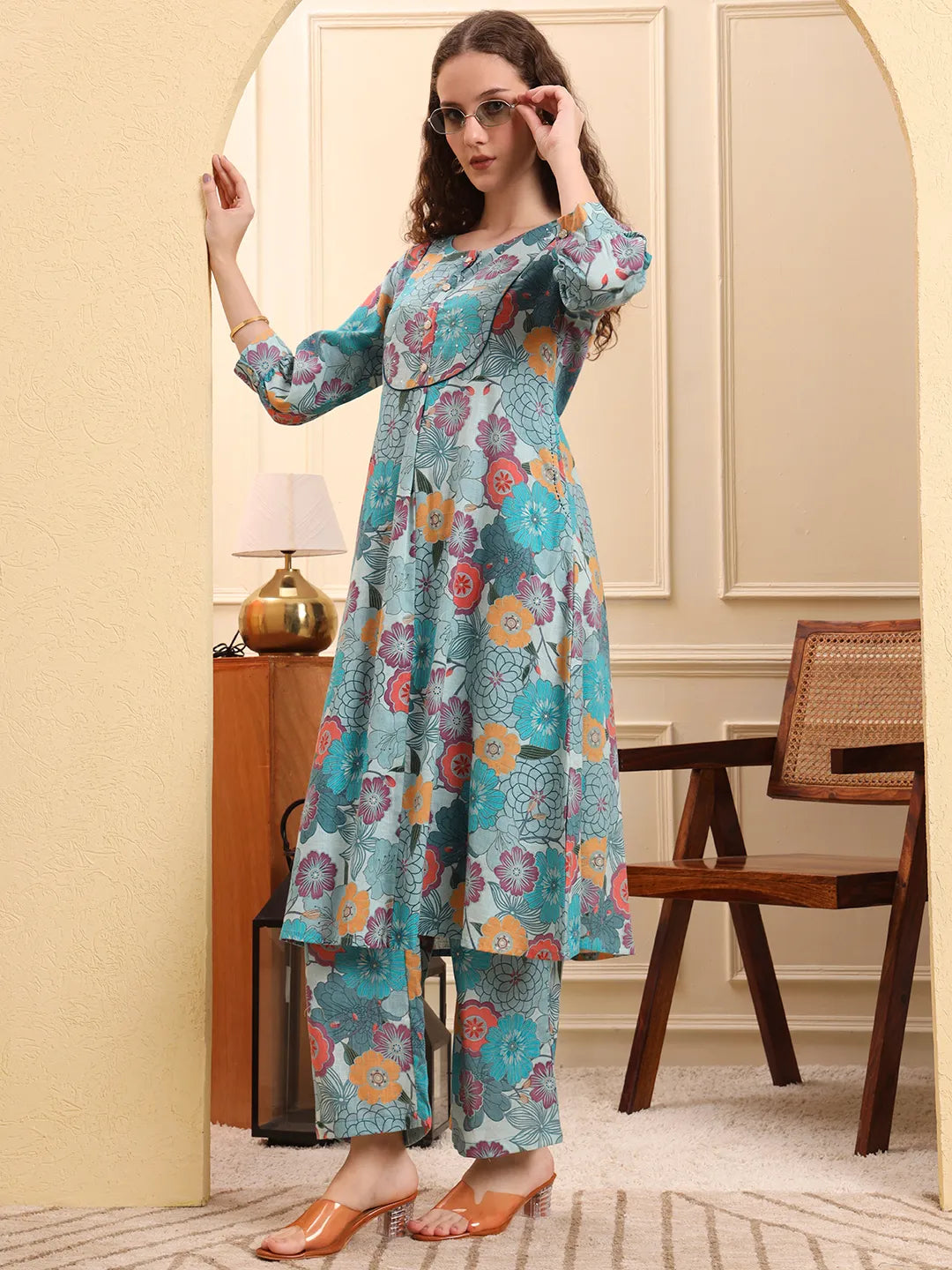 Sea Green Floral Print A-Line Kurta Trouser Set