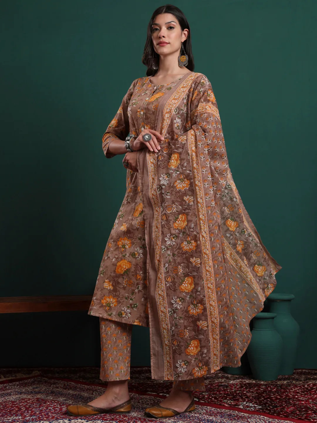 Brown Cotton Floral Print Kantha Work A-Line Kurta Pants Dupatta Set