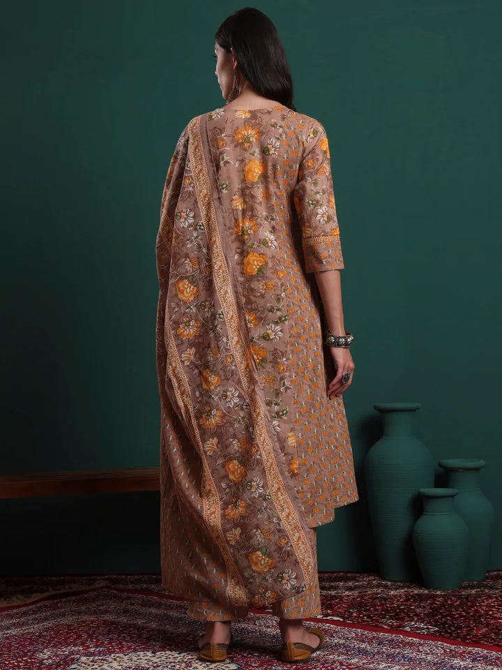 Brown Cotton Floral Print Kantha Work A-Line Kurta Pants Dupatta Set