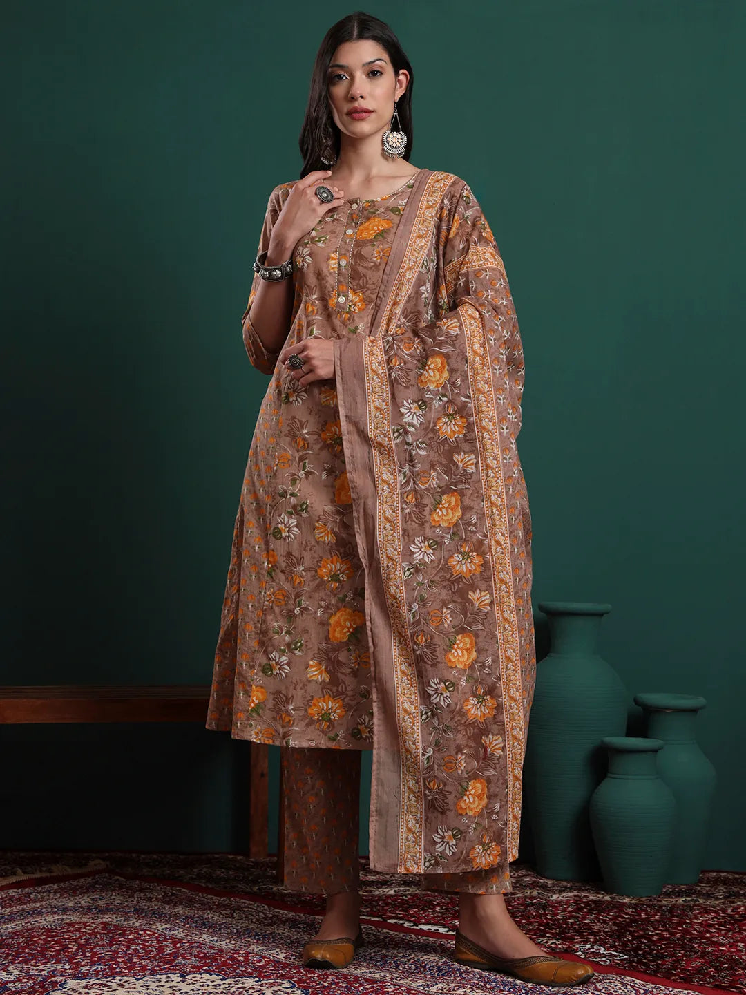 Brown Cotton Floral Print Kantha Work A-Line Kurta Pants Dupatta Set