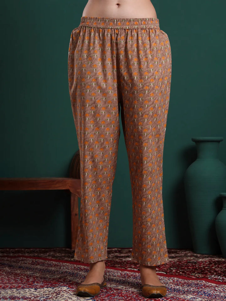 Brown Cotton Floral Print Kantha Work A-Line Kurta Pants Dupatta Set