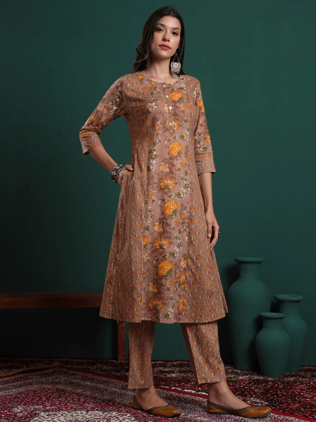 Brown Cotton Floral Print Kantha Work A-Line Kurta Pants Dupatta Set