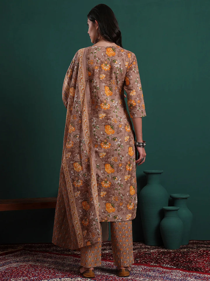 Brown Cotton Floral Print Piping Kurta Pants Dupatta Set