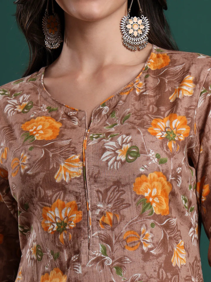 Brown Cotton Floral Print Piping Kurta Pants Dupatta Set