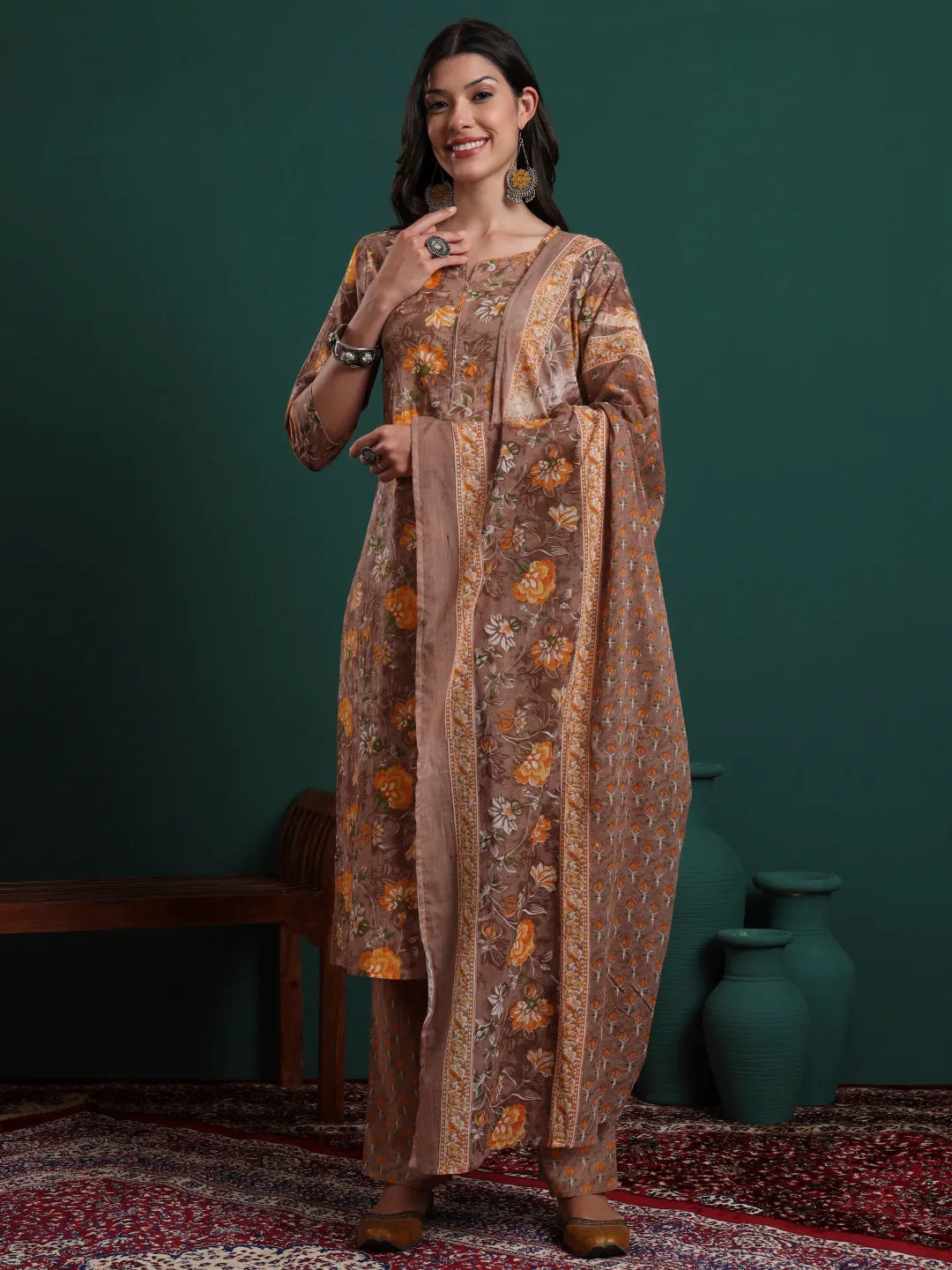 Brown Cotton Floral Print Piping Kurta Pants Dupatta Set