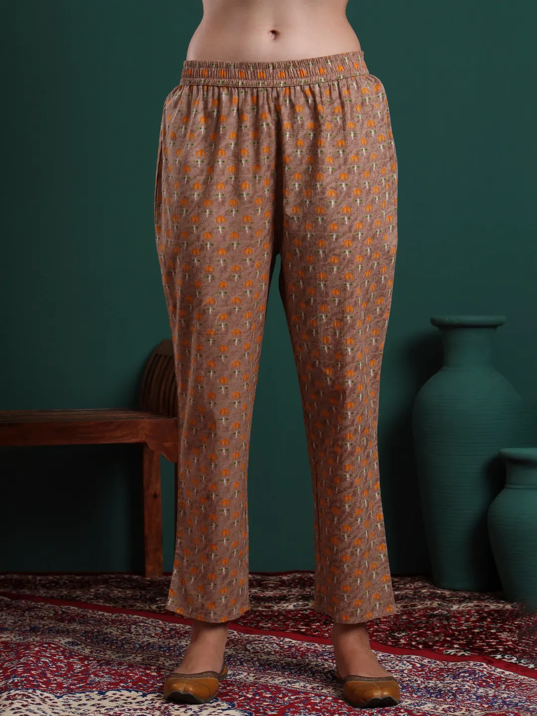 Brown Cotton Floral Print Piping Kurta Pants Dupatta Set