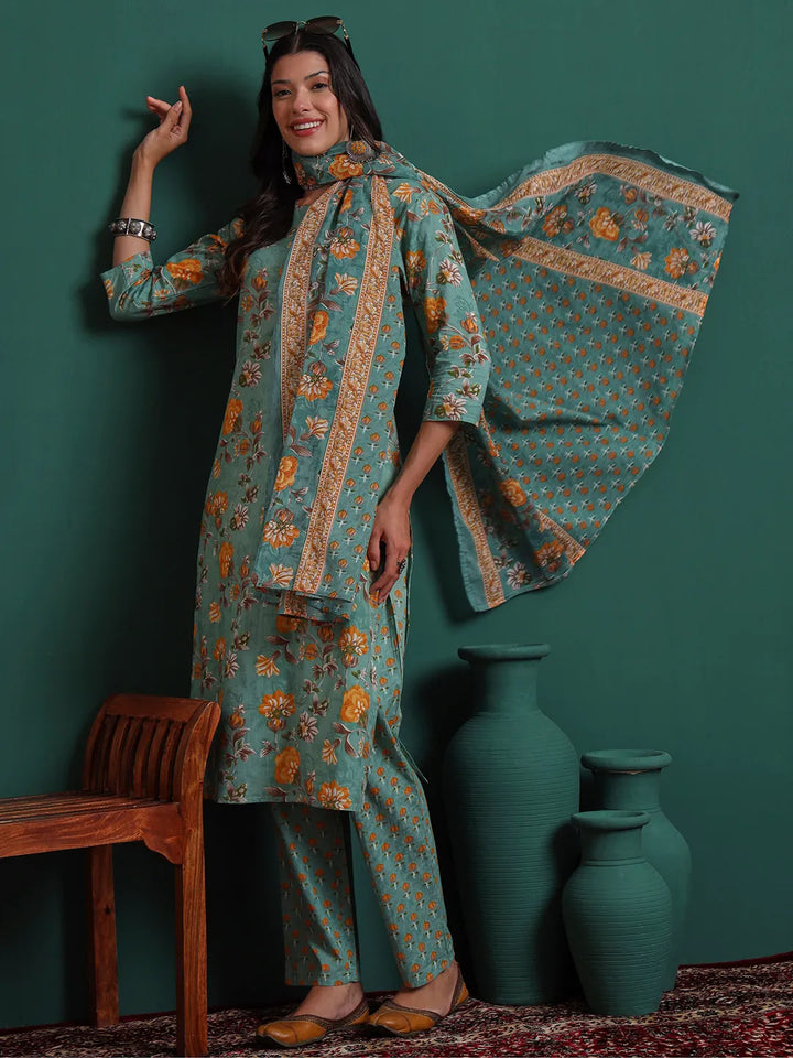 Green Cotton Floral Print Piping Kurta Pants Dupatta Set