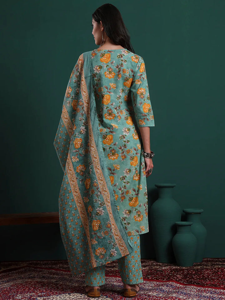 Green Cotton Floral Print Piping Kurta Pants Dupatta Set