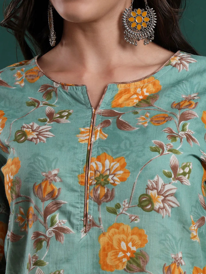Green Cotton Floral Print Piping Kurta Pants Dupatta Set