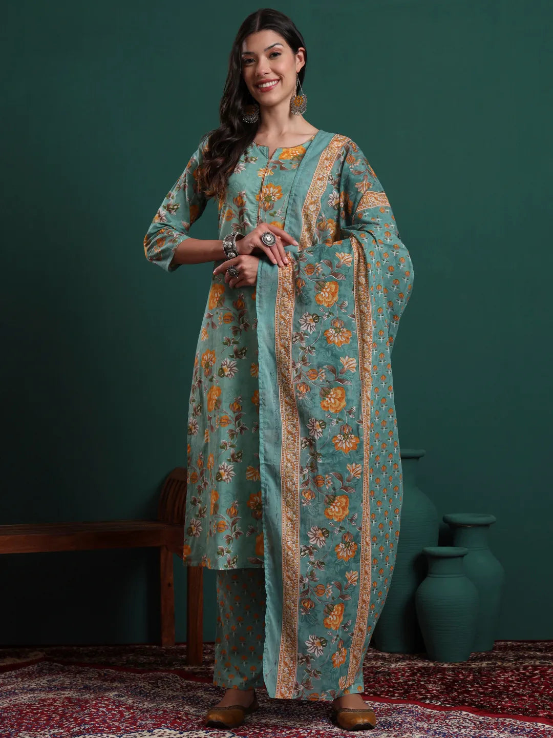 Green Cotton Floral Print Piping Kurta Pants Dupatta Set