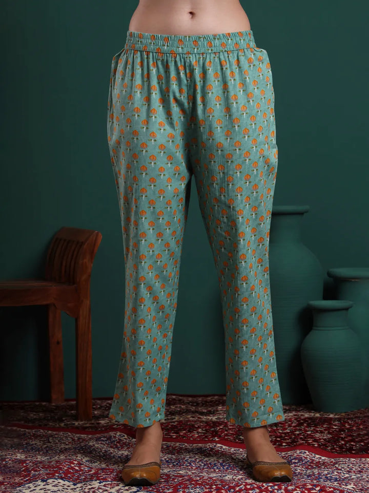 Green Cotton Floral Print Piping Kurta Pants Dupatta Set