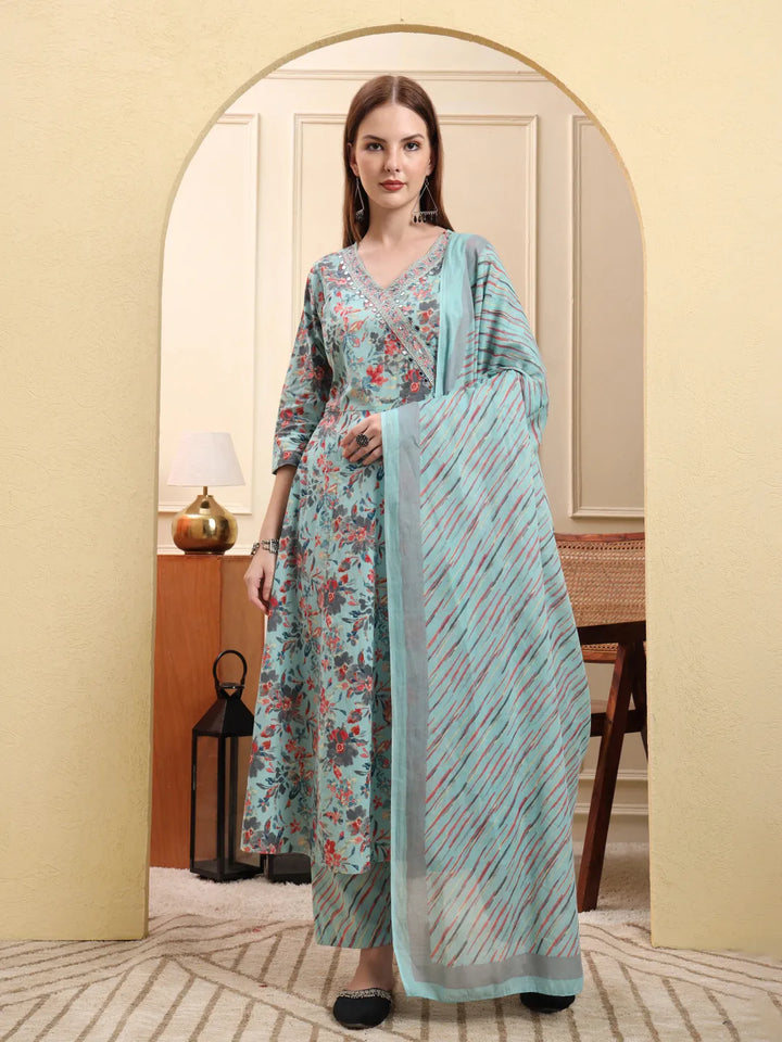 Sky Blue Pure Cotton Thread Work Anarkali Kurta Trouser Dupatta Set