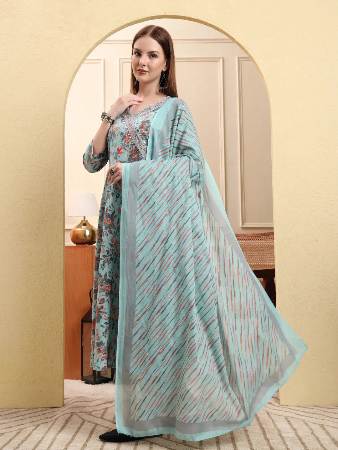 Sky Blue Pure Cotton Thread Work Anarkali Kurta Trouser Dupatta Set