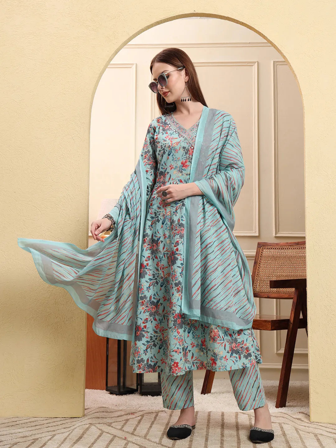 Sky Blue Pure Cotton Thread Work Anarkali Kurta Trouser Dupatta Set