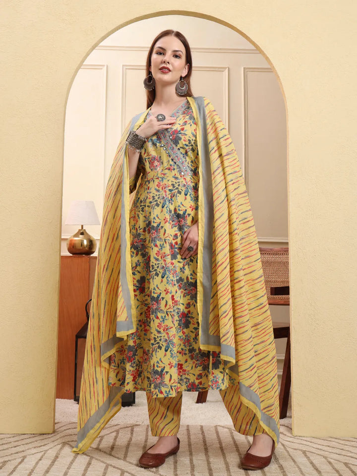 Yellow Pure Cotton Thread Work Anarkali Kurta Trouser Dupatta Set