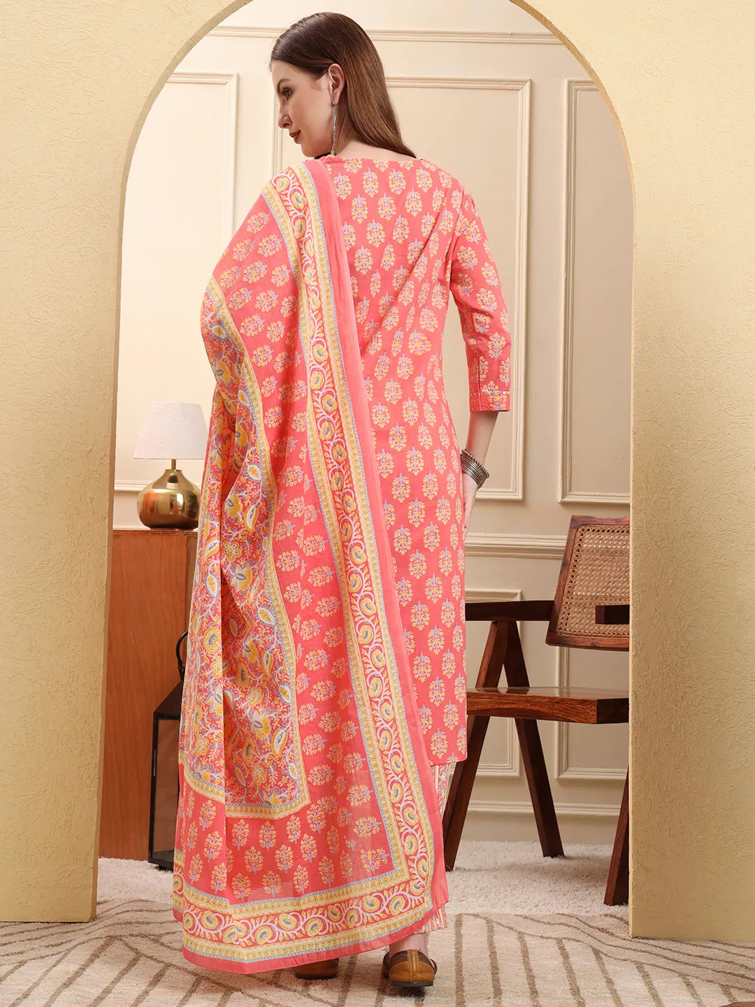 Pink Pure Cotton Beads And Stones Straight Kurta Trouser Dupatta Set