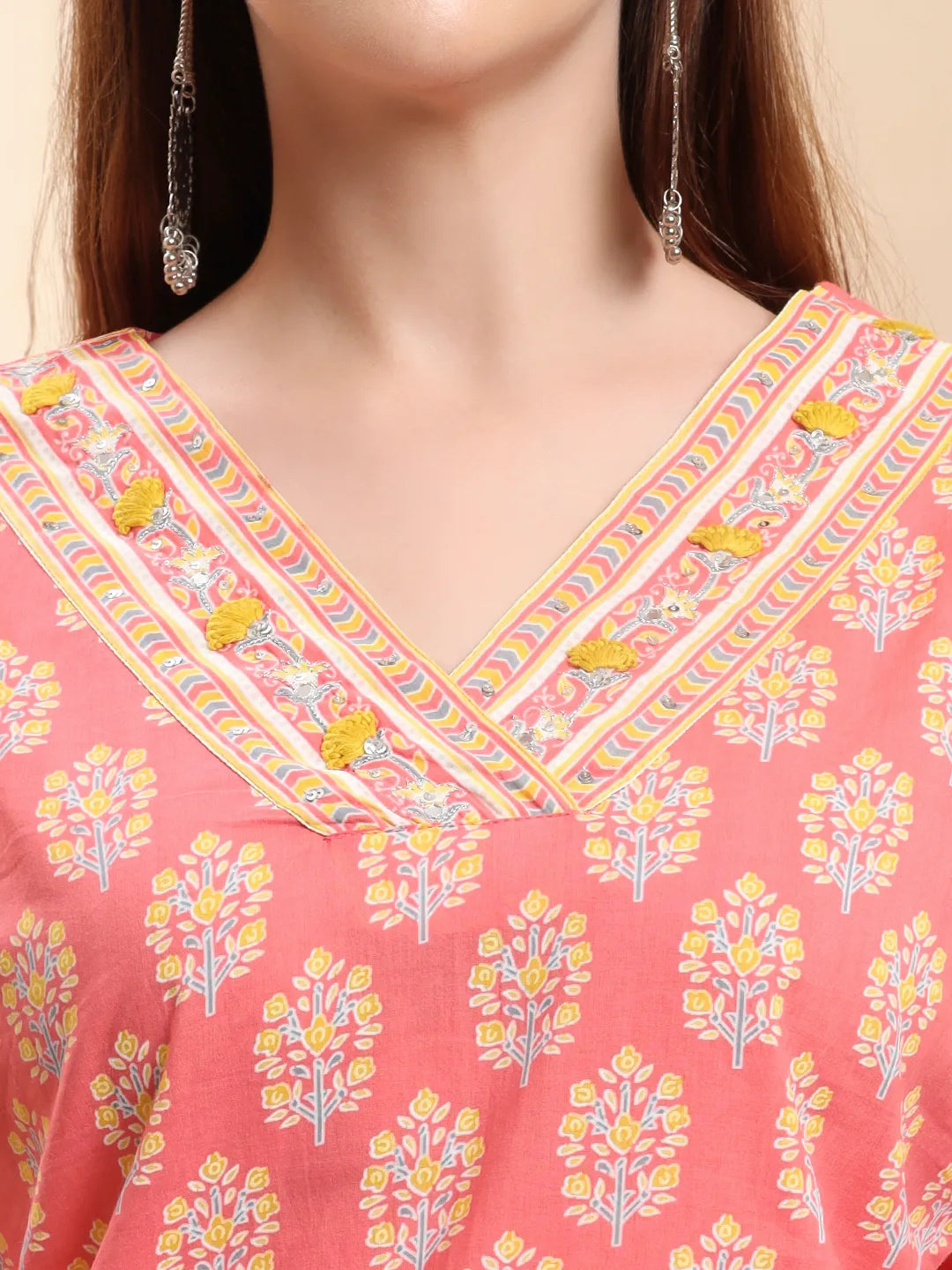 Pink Pure Cotton Beads And Stones Straight Kurta Trouser Dupatta Set