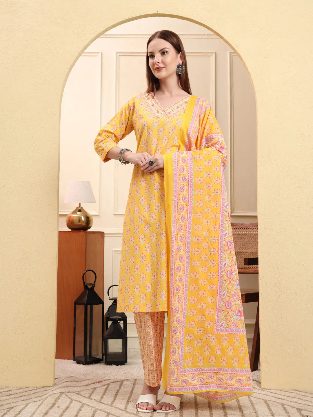 Yellow Pure Cotton Beads And Stones Straight Kurta Trouser Dupatta Set
