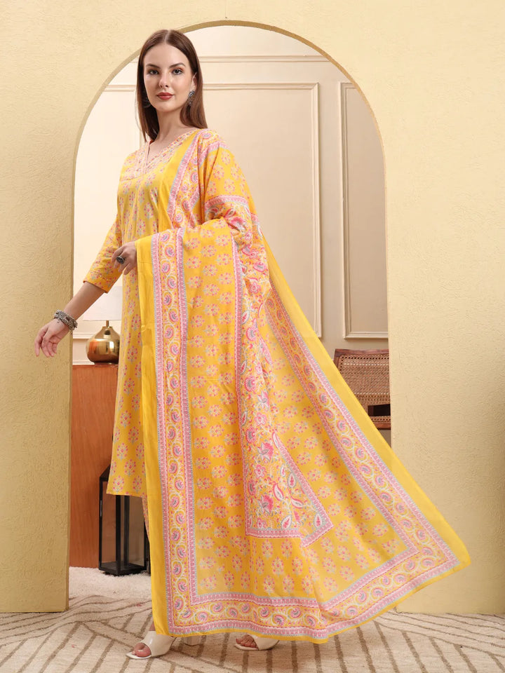 Yellow Pure Cotton Beads And Stones Straight Kurta Trouser Dupatta Set