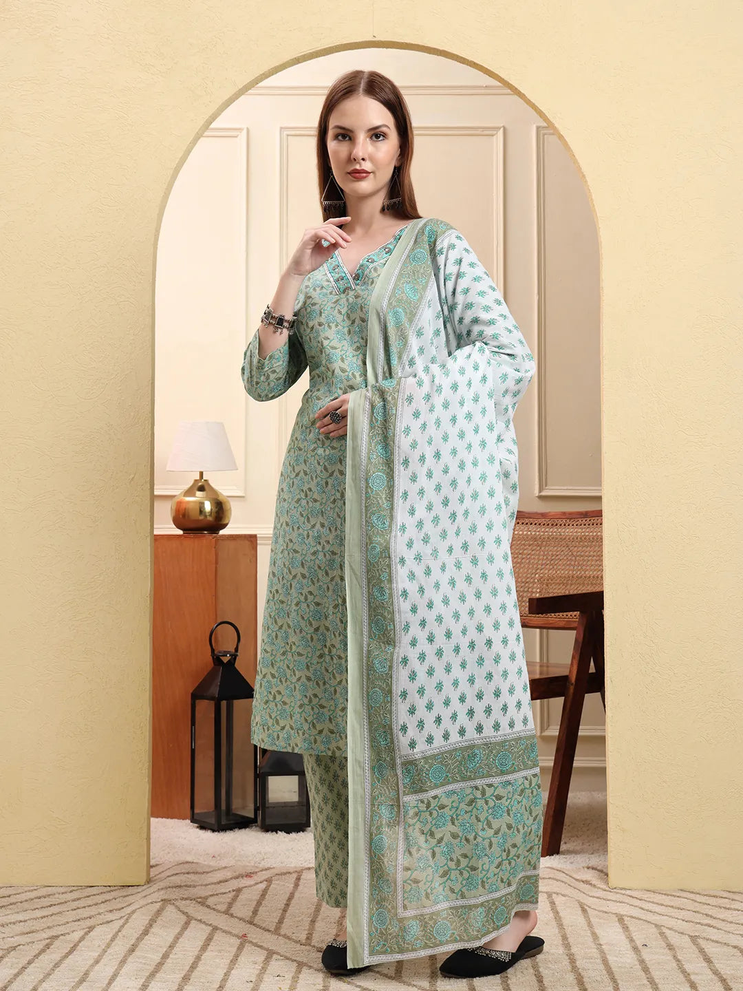 Sea Green Pure Cotton Floral Sequins-Work Straight Kurta Trouser Dupatta Set