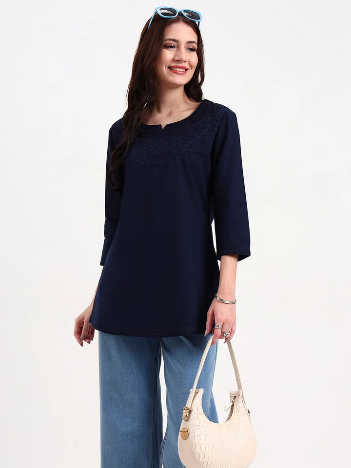 Navy Blue Cotton Straight Peplum Top